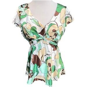Dressbarn Women's Y2K Green‎ Floral Silky Empire Waist Tie Back Blouse Top Large